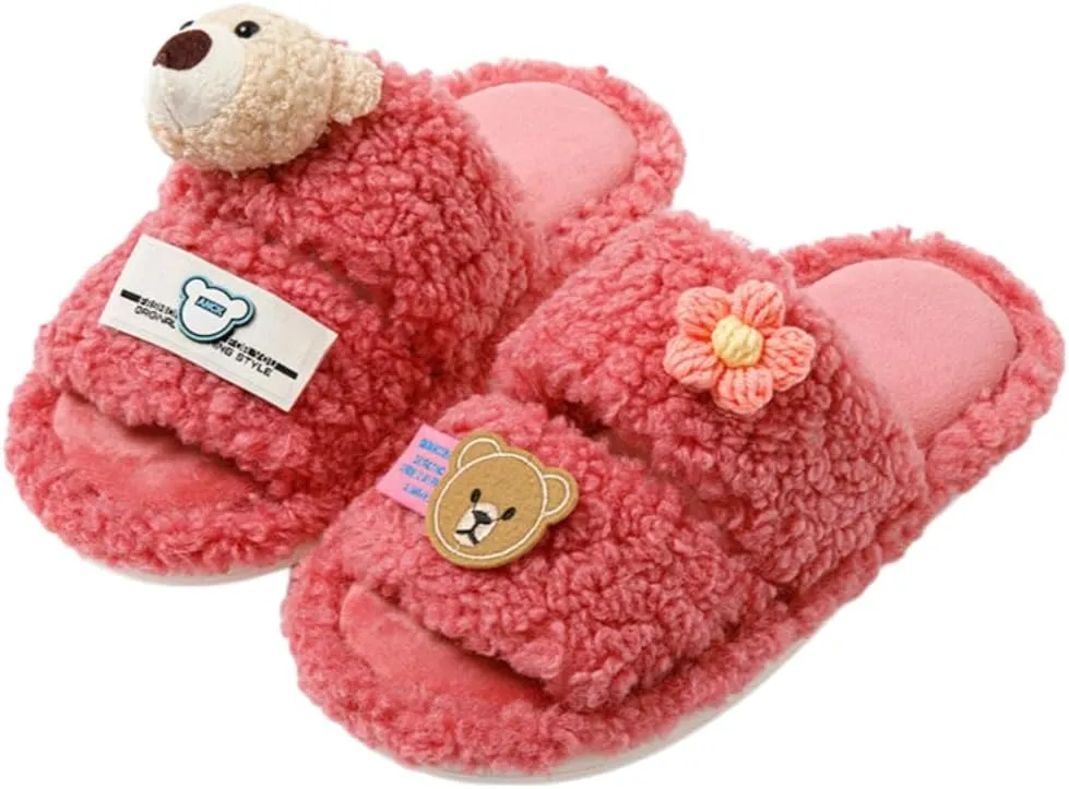 Double Bar Slippers Cartoon Slippers for Women Open-Toe Cotton Slippers Winter Slippers Home Slippers Indoor Slippers Fuzzy Warm Plush Slippers