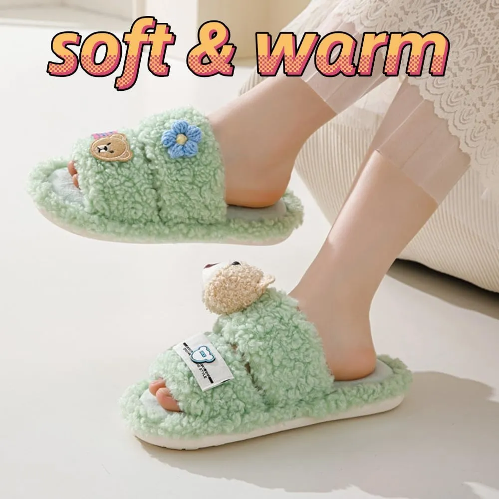 Double Bar Slippers Cartoon Slippers for Women Open-Toe Cotton Slippers Winter Slippers Home Slippers Indoor Slippers Fuzzy Warm Plush Slippers