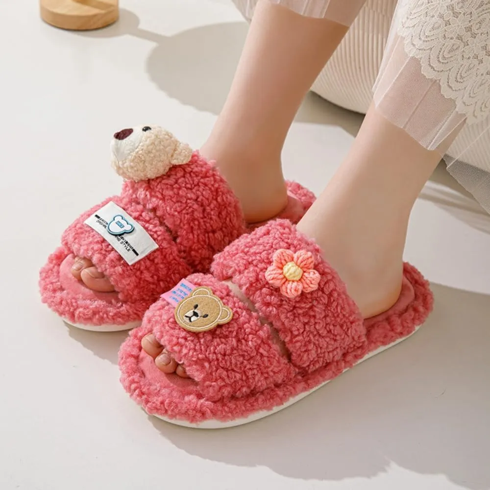 Double Bar Slippers Cartoon Slippers for Women Open-Toe Cotton Slippers Winter Slippers Home Slippers Indoor Slippers Fuzzy Warm Plush Slippers