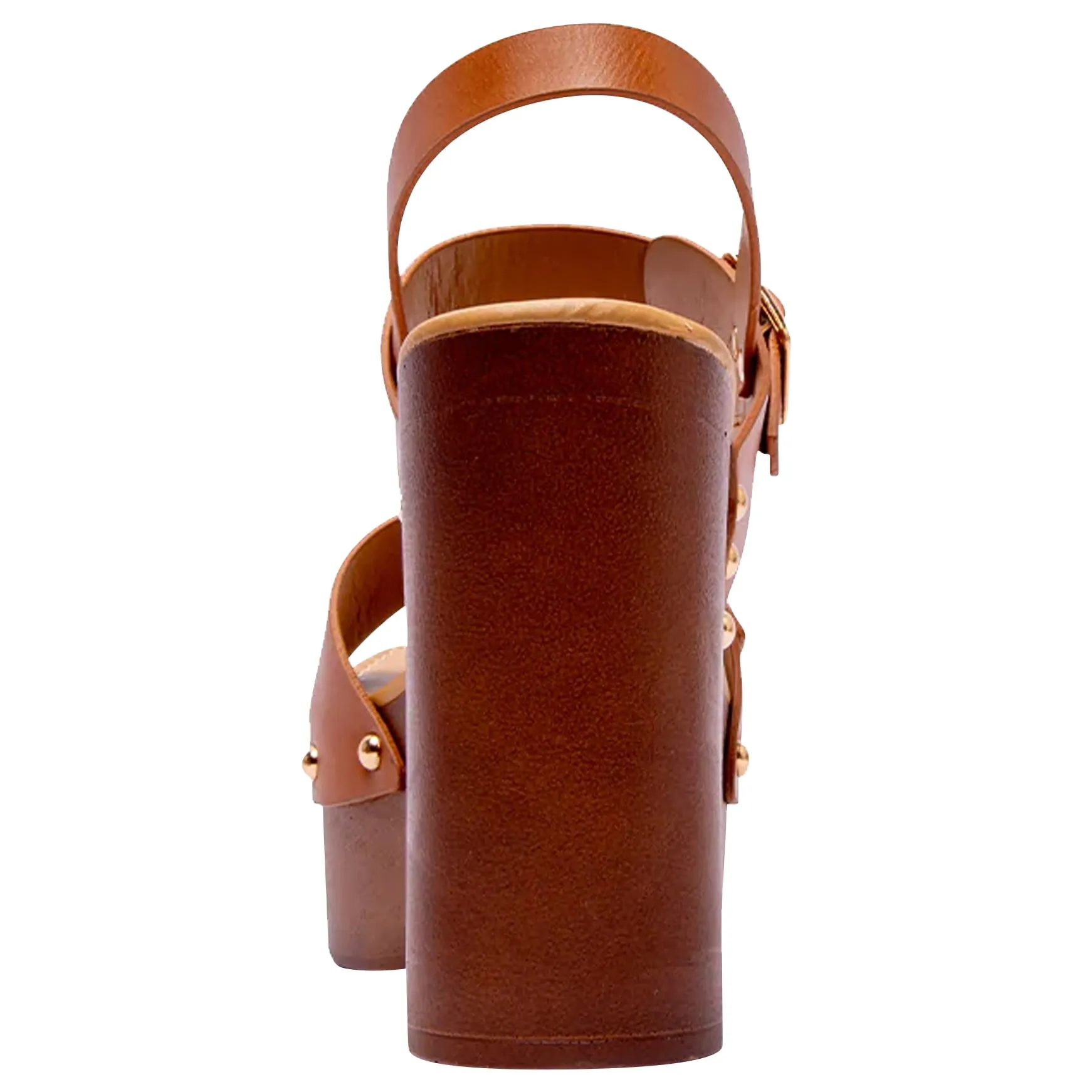 Double Buckle Straps Sandals Wood Accents Godden Studs Camel