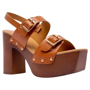 Double Buckle Straps Sandals Wood Accents Godden Studs Camel