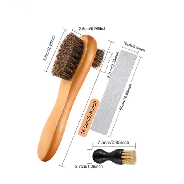 Double Sided Wooden Horsehair Shoe Brush Kit for Cleaning / Polishing Shoes (Set of 4)