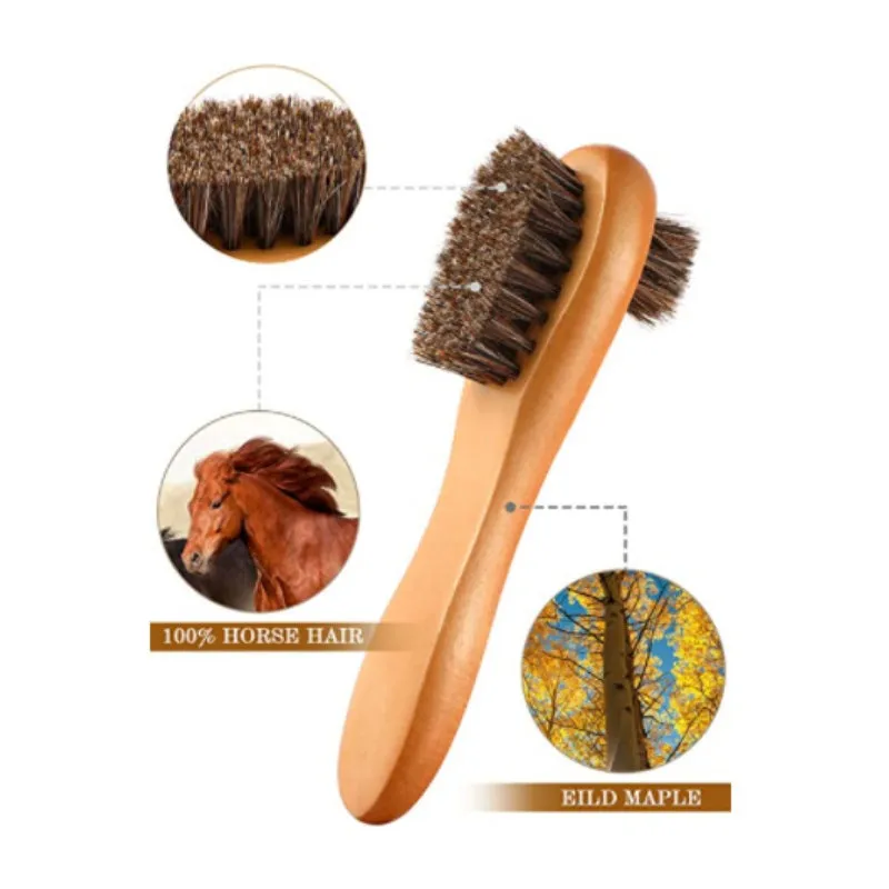 Double Sided Wooden Horsehair Shoe Brush Kit for Cleaning / Polishing Shoes (Set of 4)