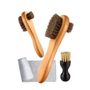 Double Sided Wooden Horsehair Shoe Brush Kit for Cleaning / Polishing Shoes (Set of 4)
