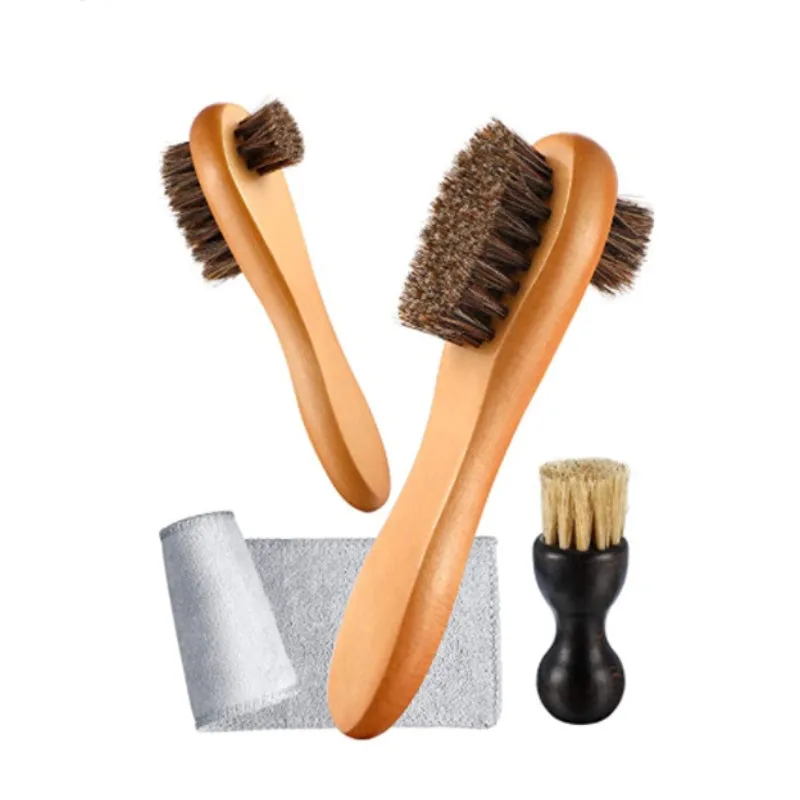 Double Sided Wooden Horsehair Shoe Brush Kit for Cleaning / Polishing Shoes (Set of 4)