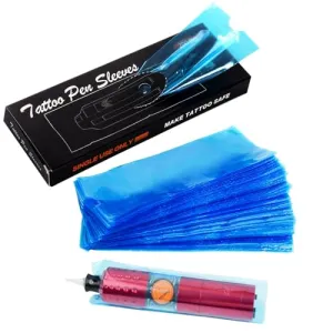 Dragoart 200Pcs Tattoo Machine Covers, PMU Machine Covers Tattoo Supplies PMU Supplies Disposable Clear Plastic Tattoo Gun Wrap Tattoo Pen Covers Tattoo Grip Wrap Sleeves(Blue 2.09 inch x 6.45 inch)
