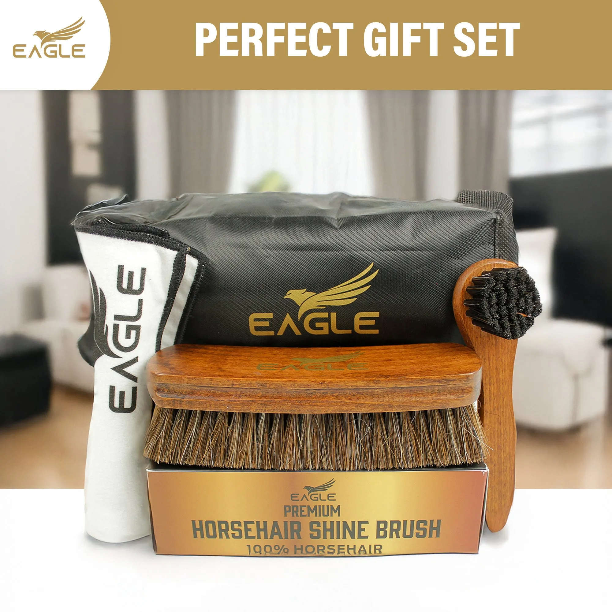 Eagle Shoe Shine Brush Care Kit - Travel Care Kit for Men & Women, 4-Pieces Set, Includes Premium 6.7” Brush, 5” Applicator Dauber, Sponge & 14”x14” cotton cloth