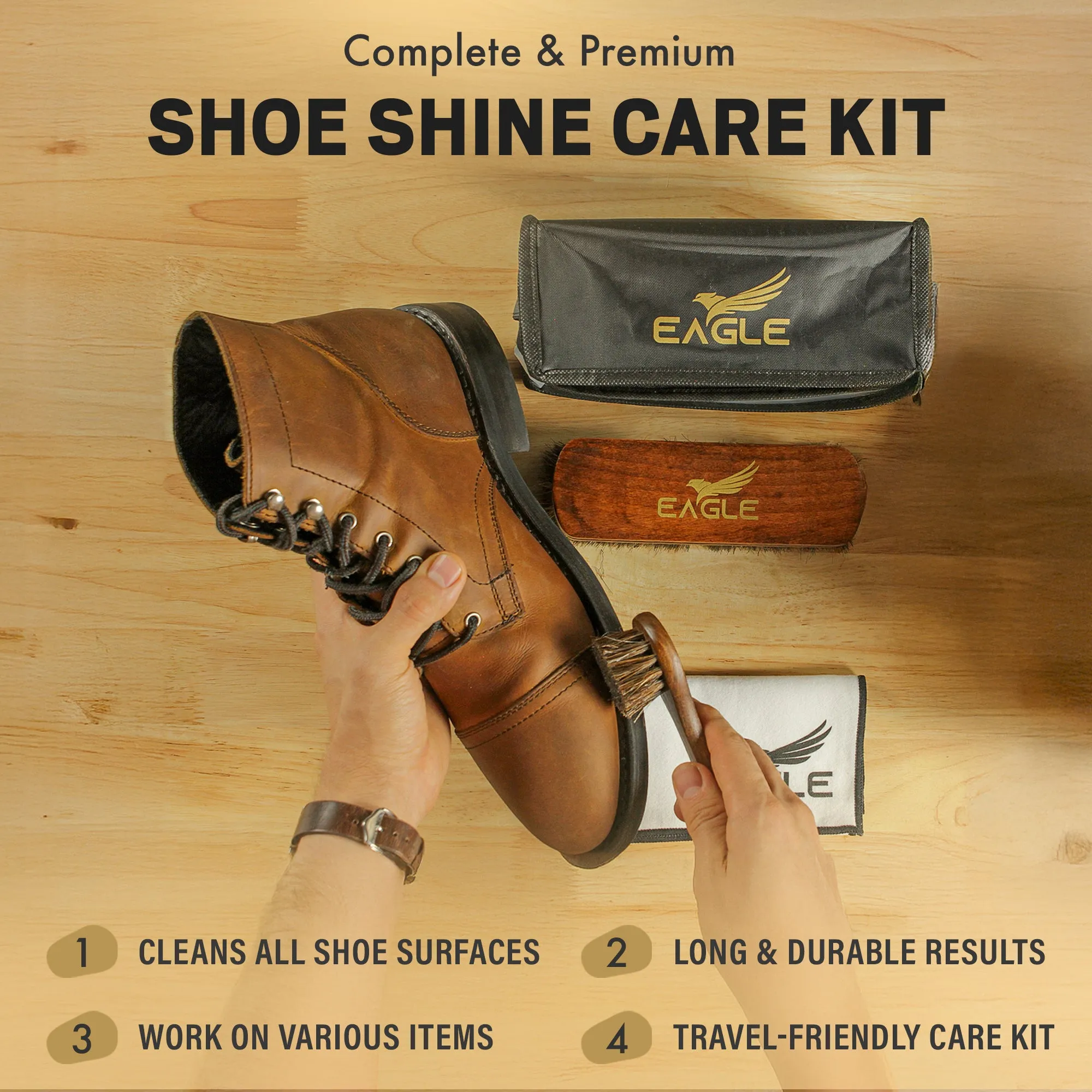 Eagle Shoe Shine Brush Care Kit - Travel Care Kit for Men & Women, 4-Pieces Set, Includes Premium 6.7” Brush, 5” Applicator Dauber, Sponge & 14”x14” cotton cloth