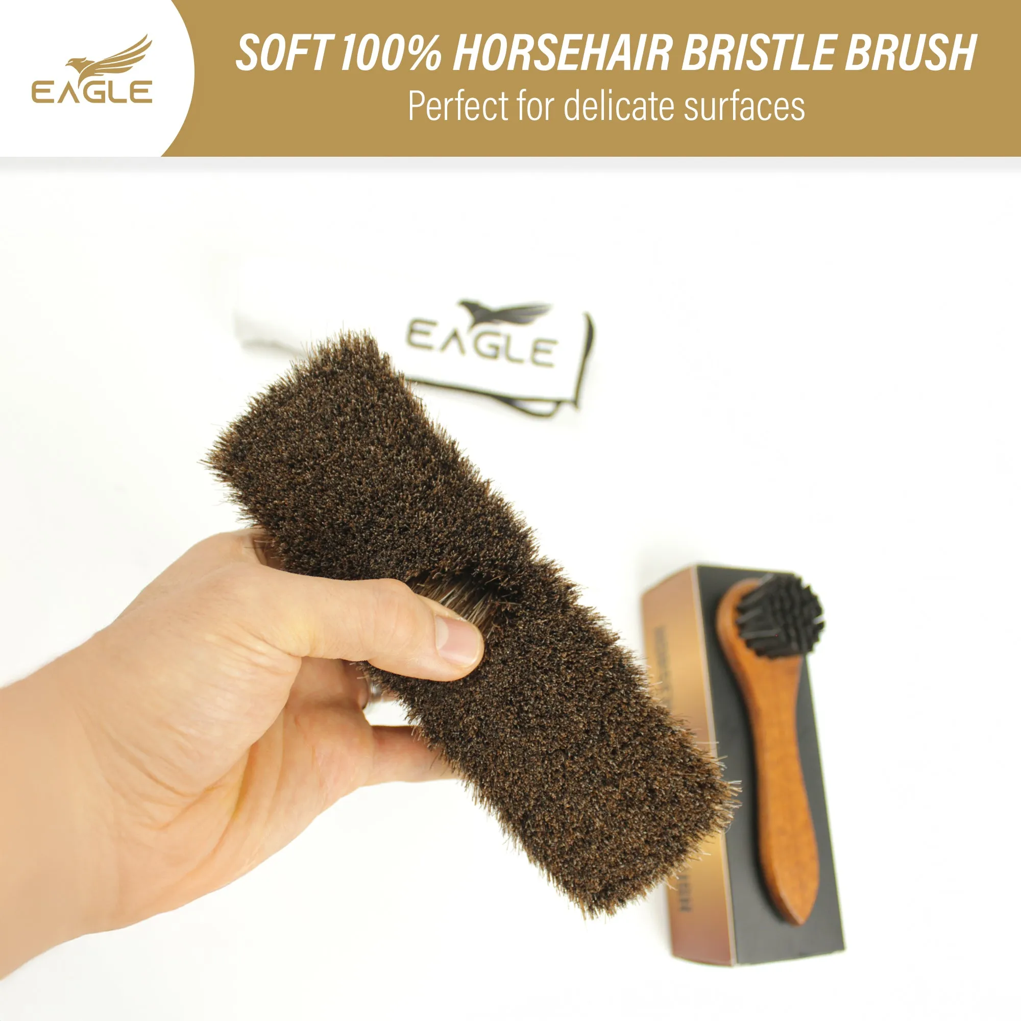 Eagle Shoe Shine Brush Care Kit - Travel Care Kit for Men & Women, 4-Pieces Set, Includes Premium 6.7” Brush, 5” Applicator Dauber, Sponge & 14”x14” cotton cloth