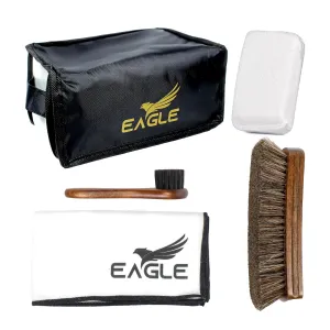 Eagle Shoe Shine Brush Care Kit - Travel Care Kit for Men & Women, 4-Pieces Set, Includes Premium 6.7” Brush, 5” Applicator Dauber, Sponge & 14”x14” cotton cloth