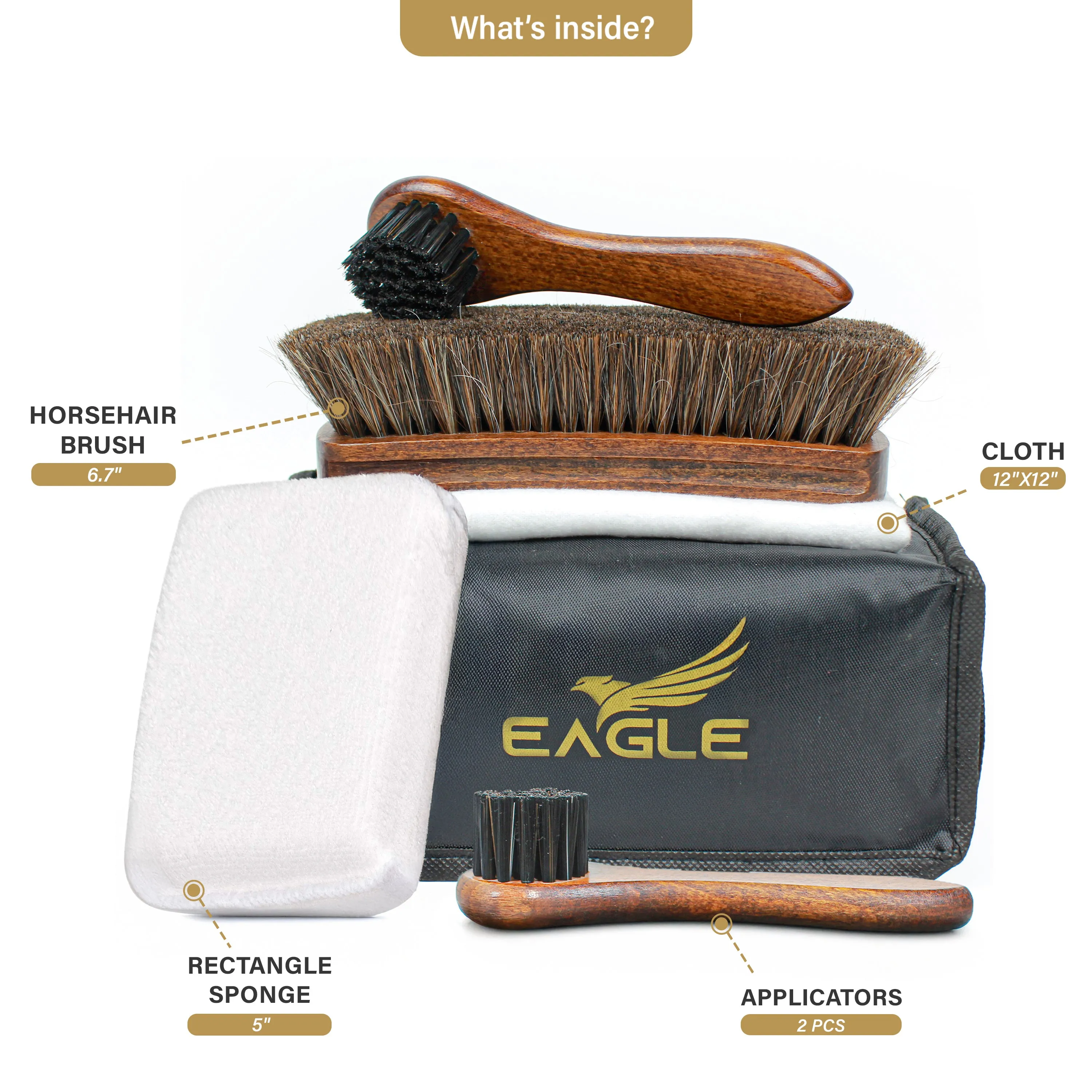 Eagle Shoe Shine Brush Care Kit - Travel Care Kit for Men & Women, 4-Pieces Set, Includes Premium 6.7” Brush, 5” Applicator Dauber, Sponge & 14”x14” cotton cloth
