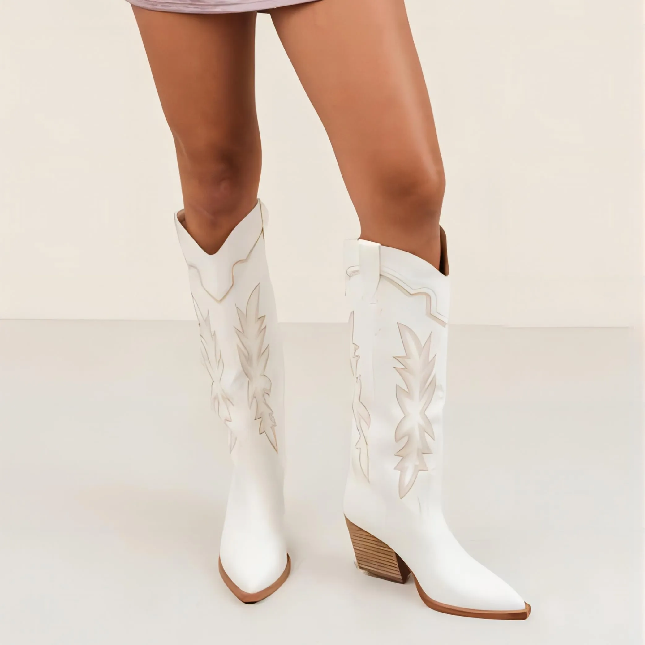 Erocalli Cowboy White Knee High Block Heel Pointed Toes Side Zipper Western Boots 7