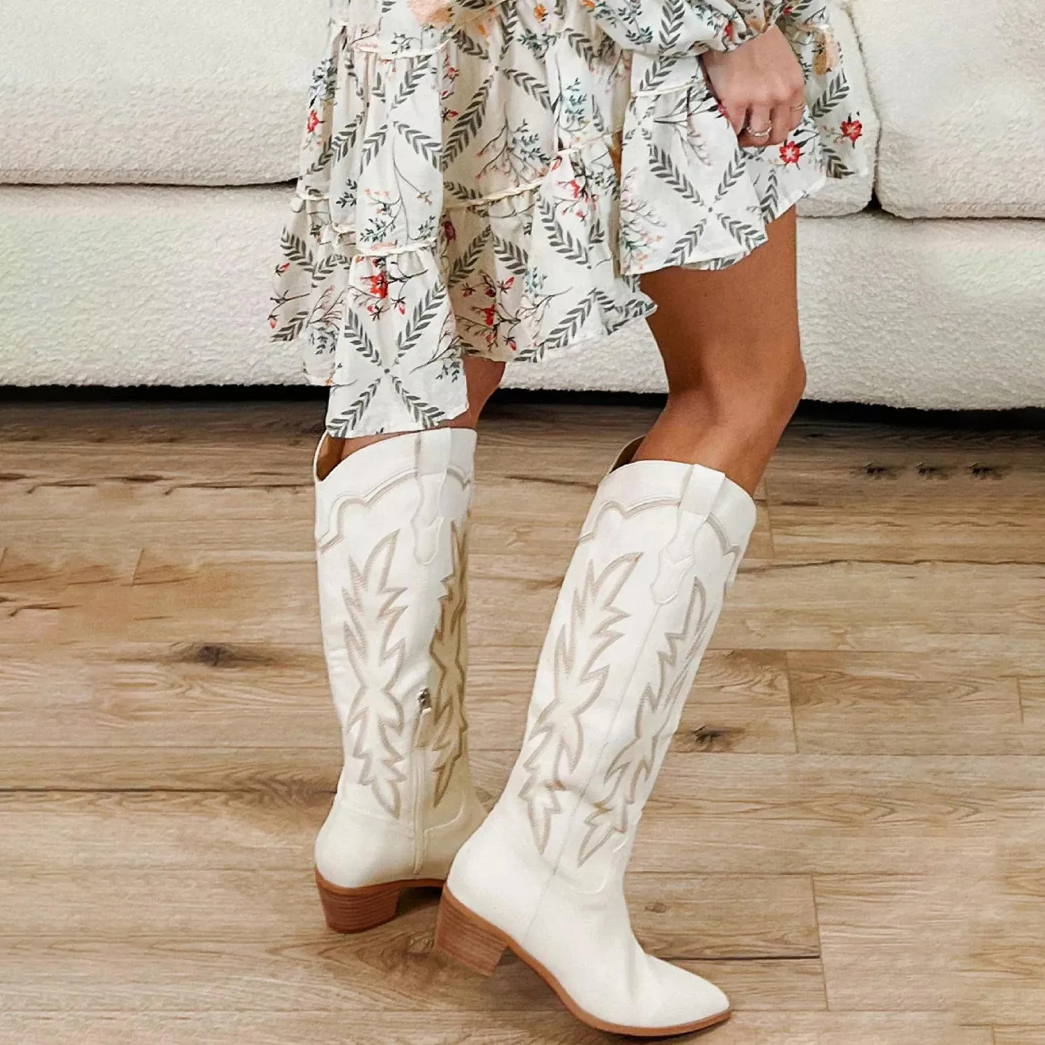 Erocalli Cowboy White Knee High Block Heel Pointed Toes Side Zipper Western Boots 7