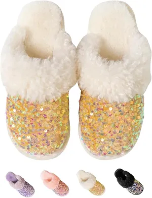 Fashion Sequins Slippers for Women & Men - Warm, Comfy, Non-slip, Plush, Fuzzy, Memory Foam Indoor/Outdoor Shoes