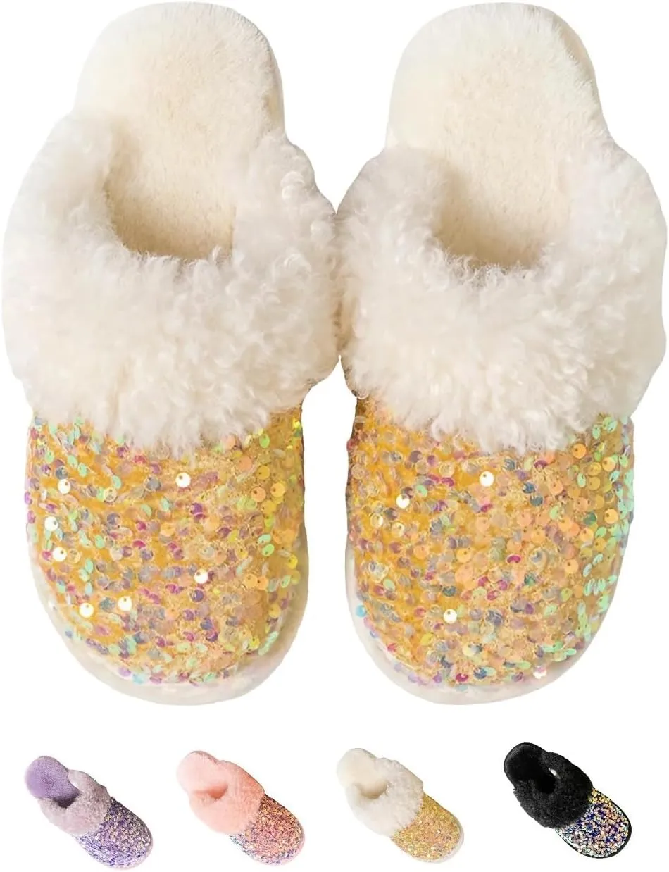 Fashion Sequins Slippers for Women & Men - Warm, Comfy, Non-slip, Plush, Fuzzy, Memory Foam Indoor/Outdoor Shoes