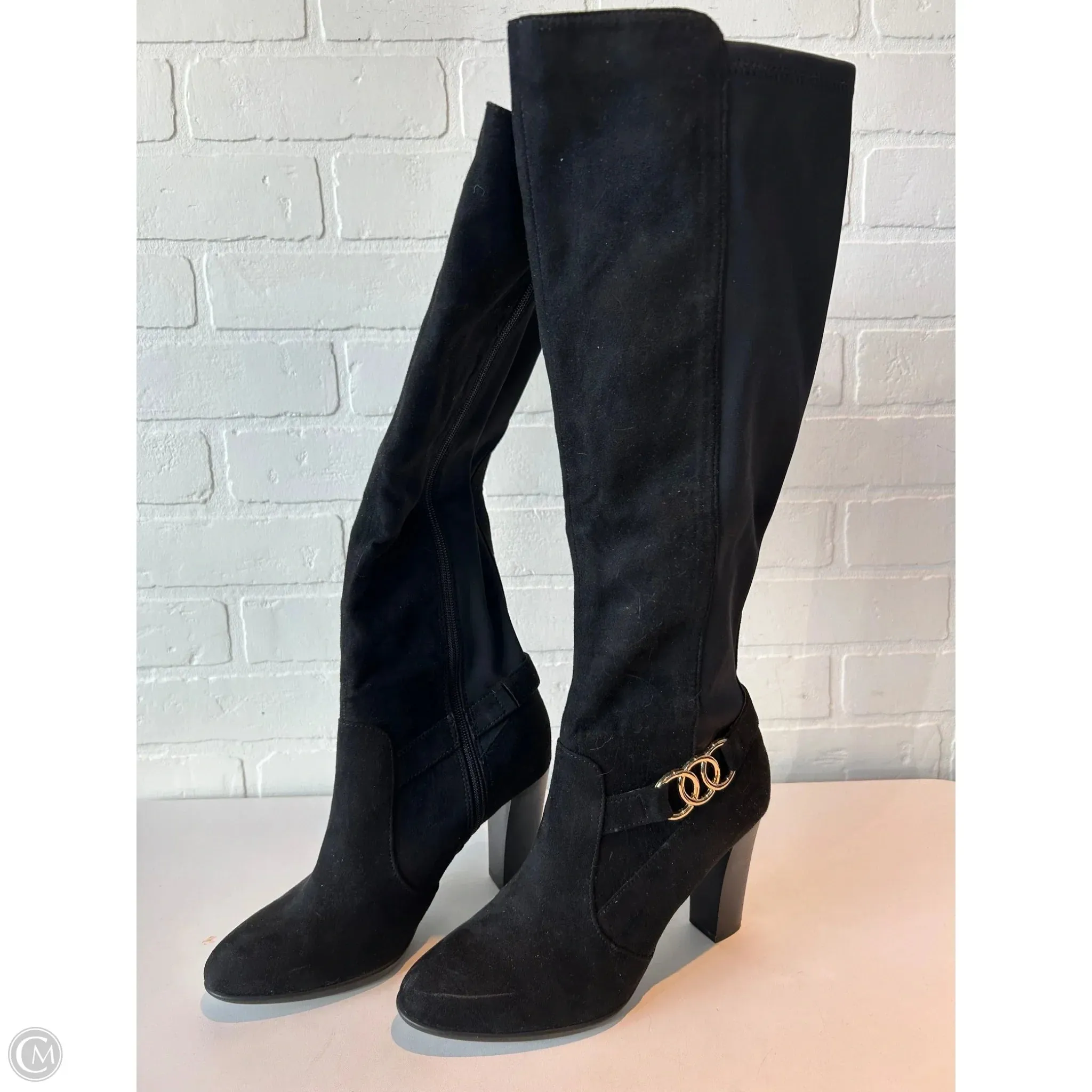 Statement Piece Layered Dressing Boots Knee Heels By Kelly And Katie In Black, Size: 7.5