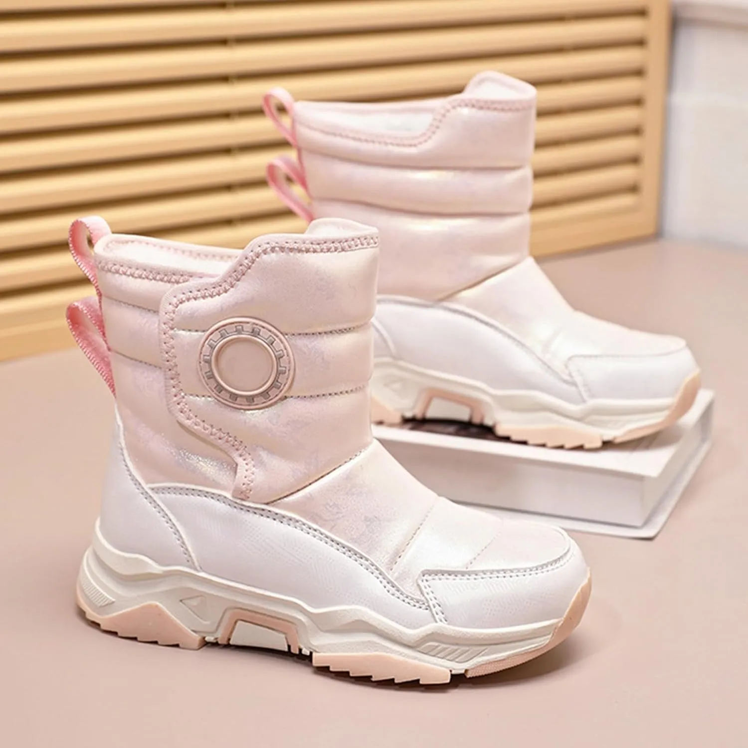 Fashion Winter Mid Calf Boots for Kids Platform Water-Proof Outdoor Warm Cozy Anti-Slip Winter Shoes for Girl Boy