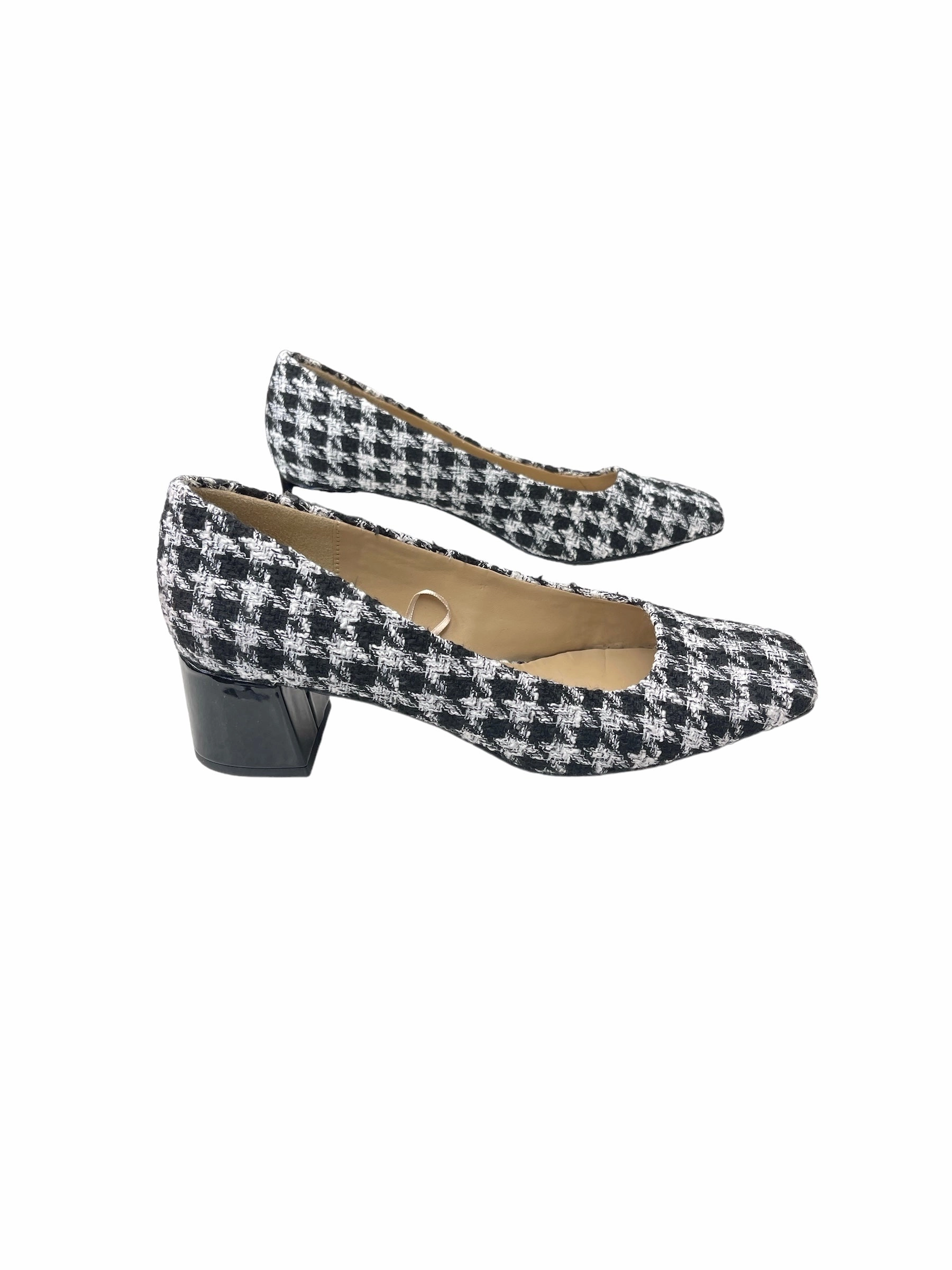 Luxury Heeled Boots Open Toe Evening Pumps Shoes Heels Block By Ann Taylor In Black & White, Size: 10