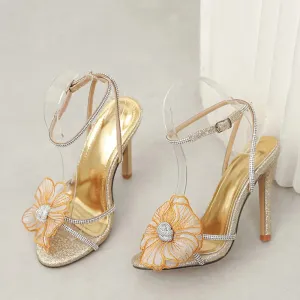 Faux Crystal Flower Open Toe High Heel Sandals