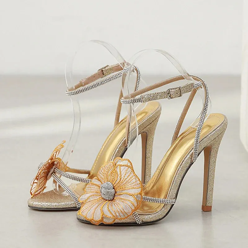 Faux Crystal Flower Open Toe High Heel Sandals