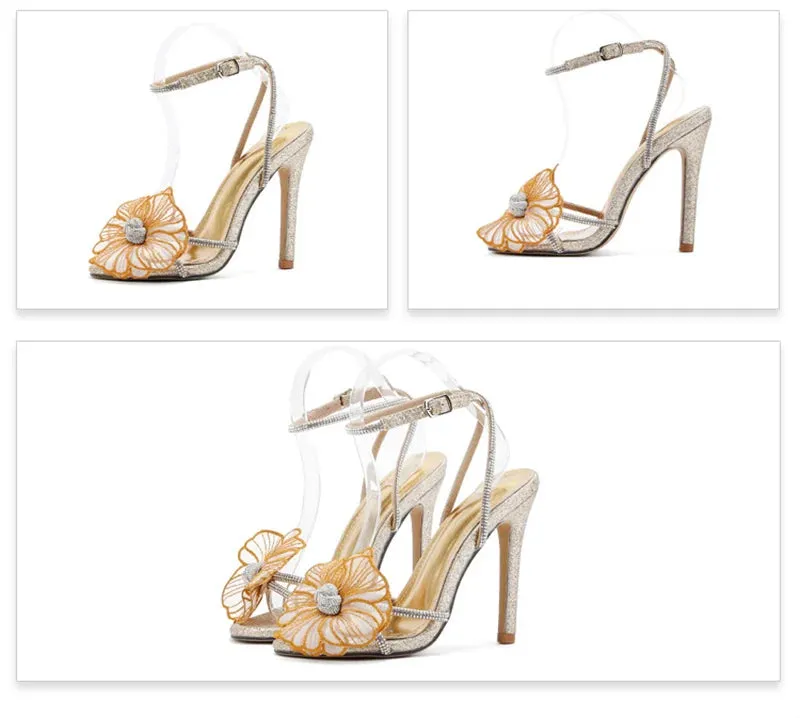 Faux Crystal Flower Open Toe High Heel Sandals