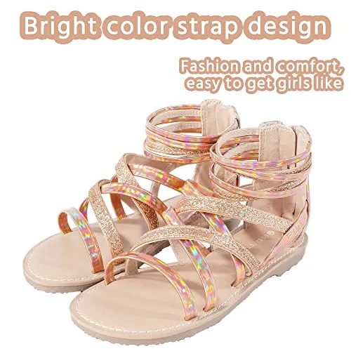 FUPPIA Girls Gladiator Sandals Strappy Summer Sandals with High Ankle Back Zipper for Little Kids Big Kids Gold Size 13