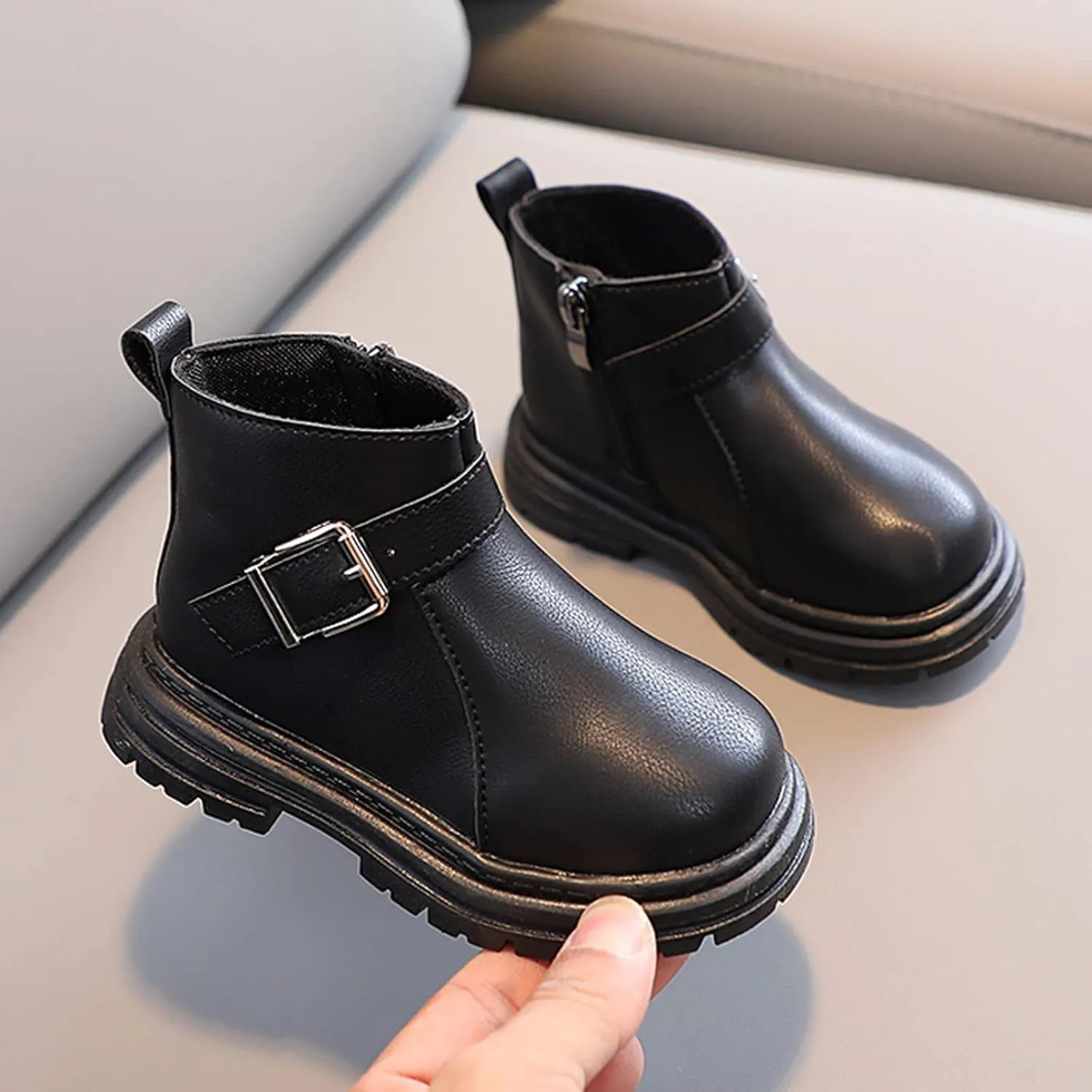 Girls Ankle Boots Side Zipper Chunky Bottom Platform Boots with Buckle Low Heel Slip On Casual Booties
