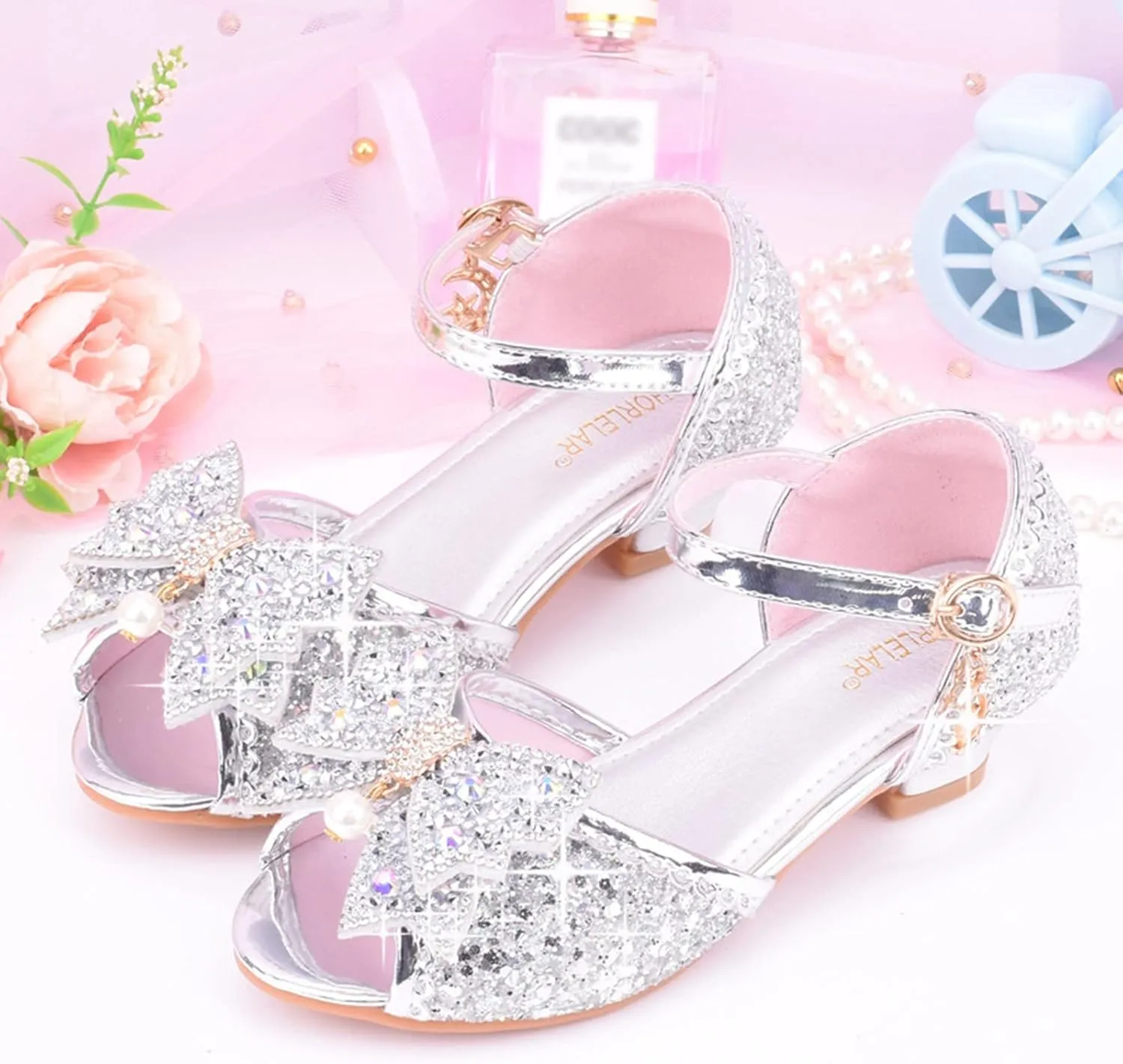 Girls Kids Sequins Dress Dance Sneakers Open Toe Ankle with Strap Low Heel Wedding Shoes Fancy Bow Glitter