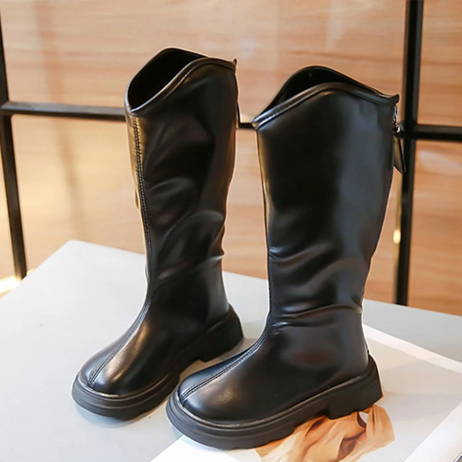 Girls Platform Mid Calf Boots Mid Calf Boots Low Heel Chunky Platform Lug Sole Zipper Non Slip Boots for Dress Up