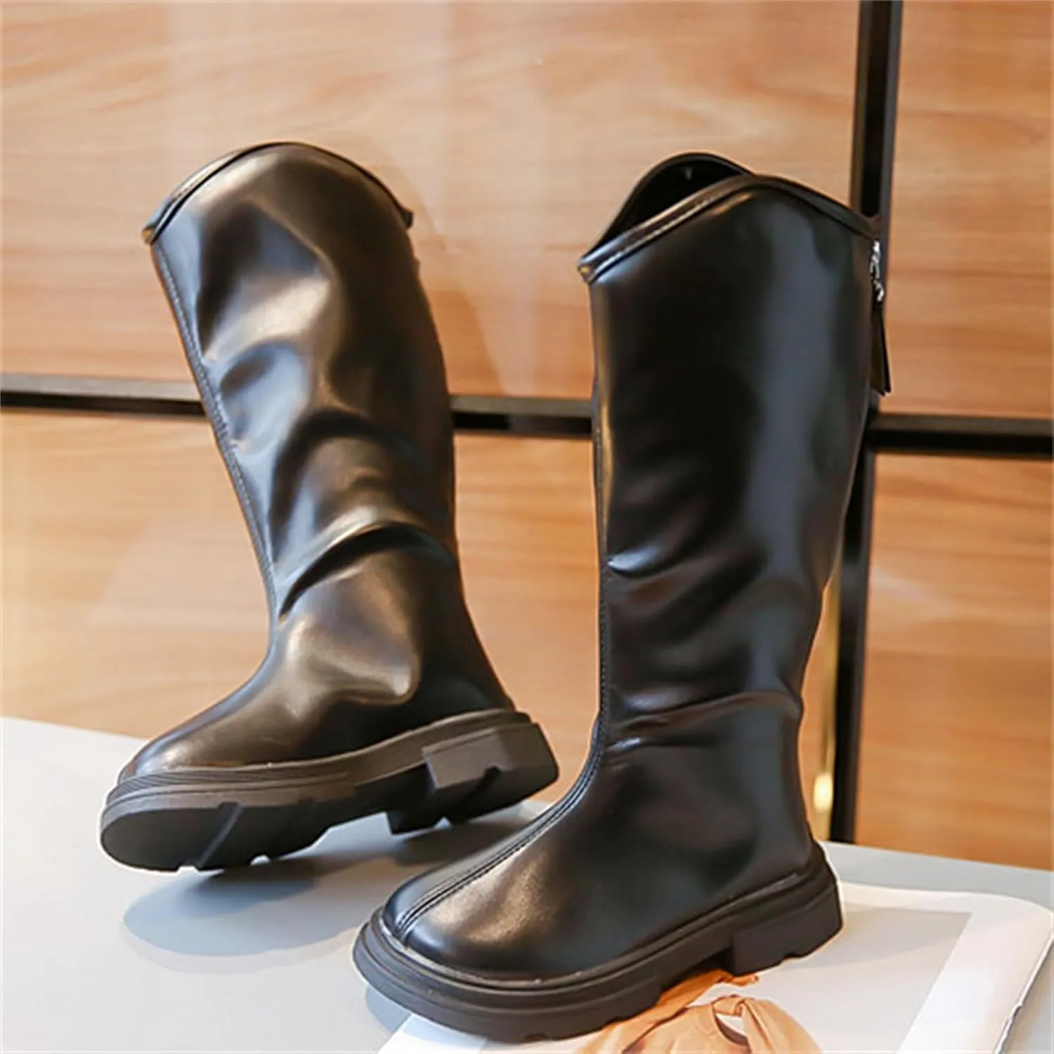Girls Platform Mid Calf Boots Mid Calf Boots Low Heel Chunky Platform Lug Sole Zipper Non Slip Boots for Dress Up