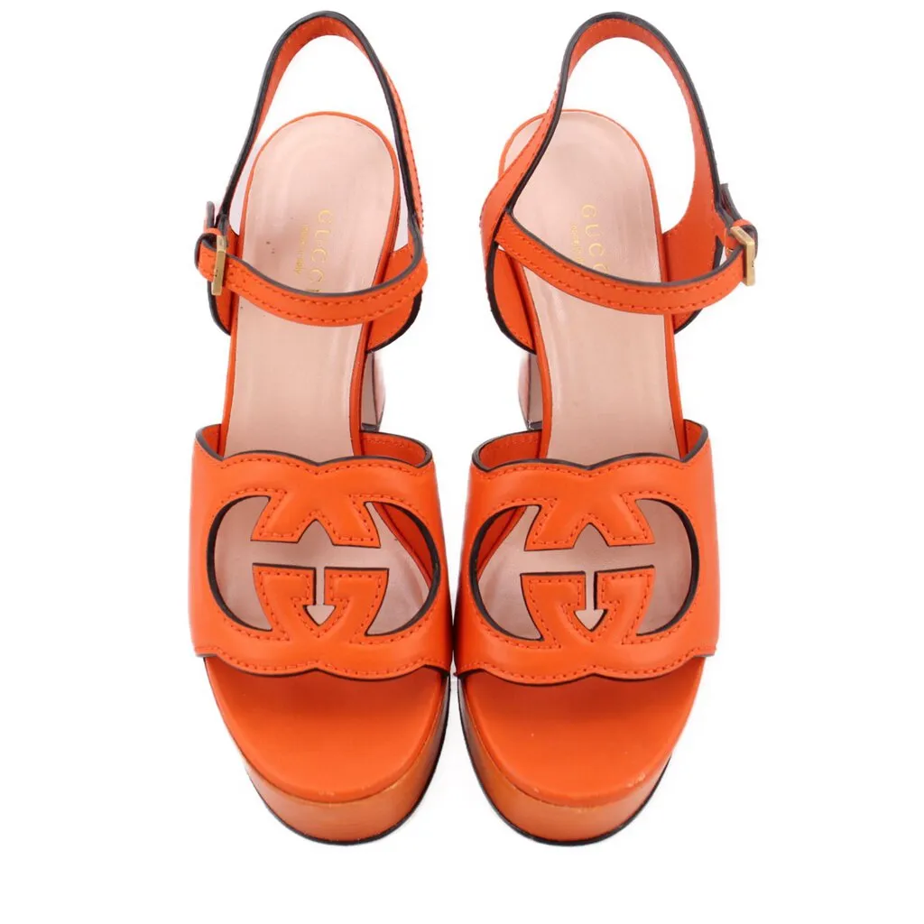 GUCCI LEATHER GG PLATFORM SANDALS ORANGE 38 EU | 8 US