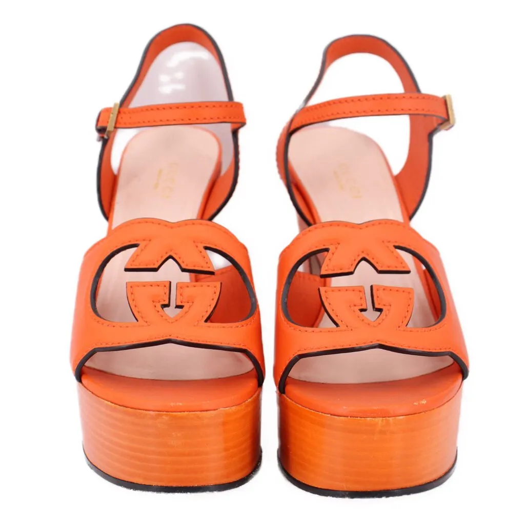 GUCCI LEATHER GG PLATFORM SANDALS ORANGE 38 EU | 8 US