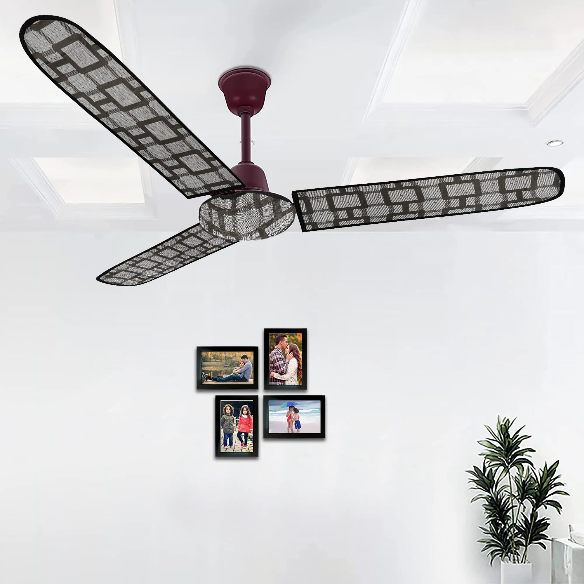 Heart Home PVC Square Print Dust Proof Three Blade Ceiling Fan Cover (Grey) 54HH4010.