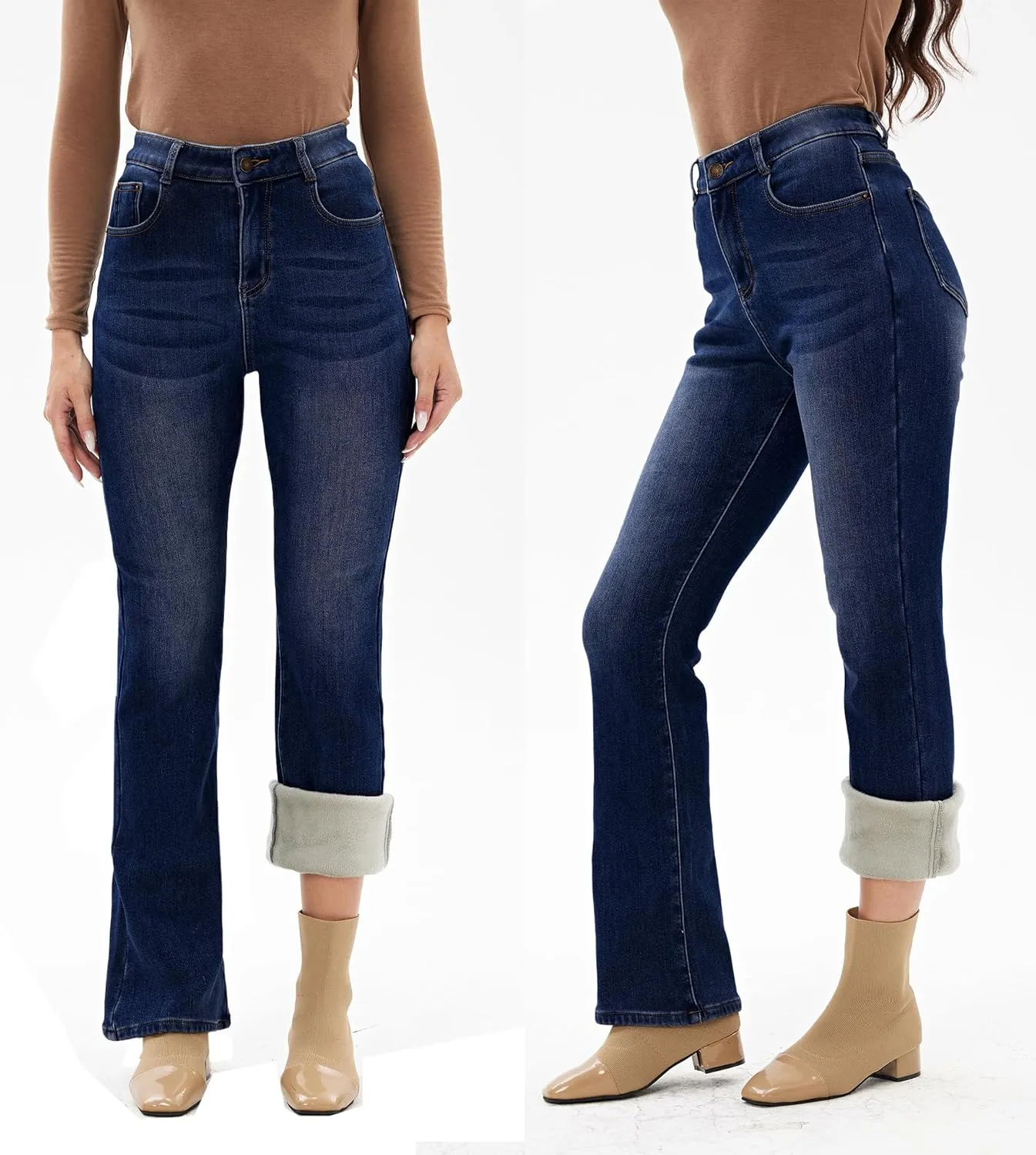 heipeiwa Women's Winter Fleece Lined Thermal Flare Bootcut Jeans High Waist Denim Pants