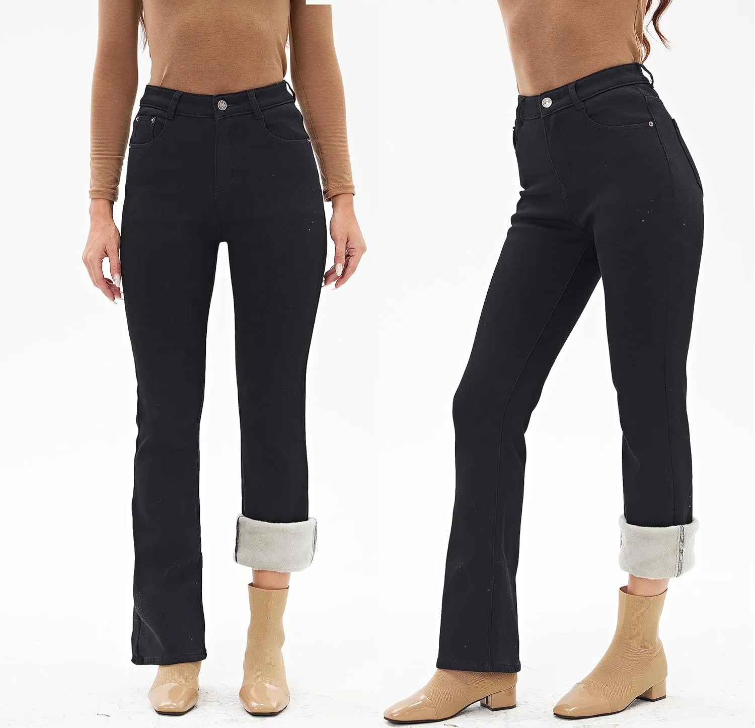 heipeiwa Women's Winter Fleece Lined Thermal Flare Bootcut Jeans High Waist Denim Pants
