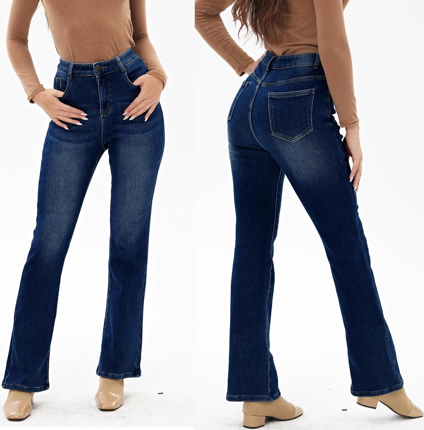 heipeiwa Women's Winter Fleece Lined Thermal Flare Bootcut Jeans High Waist Denim Pants