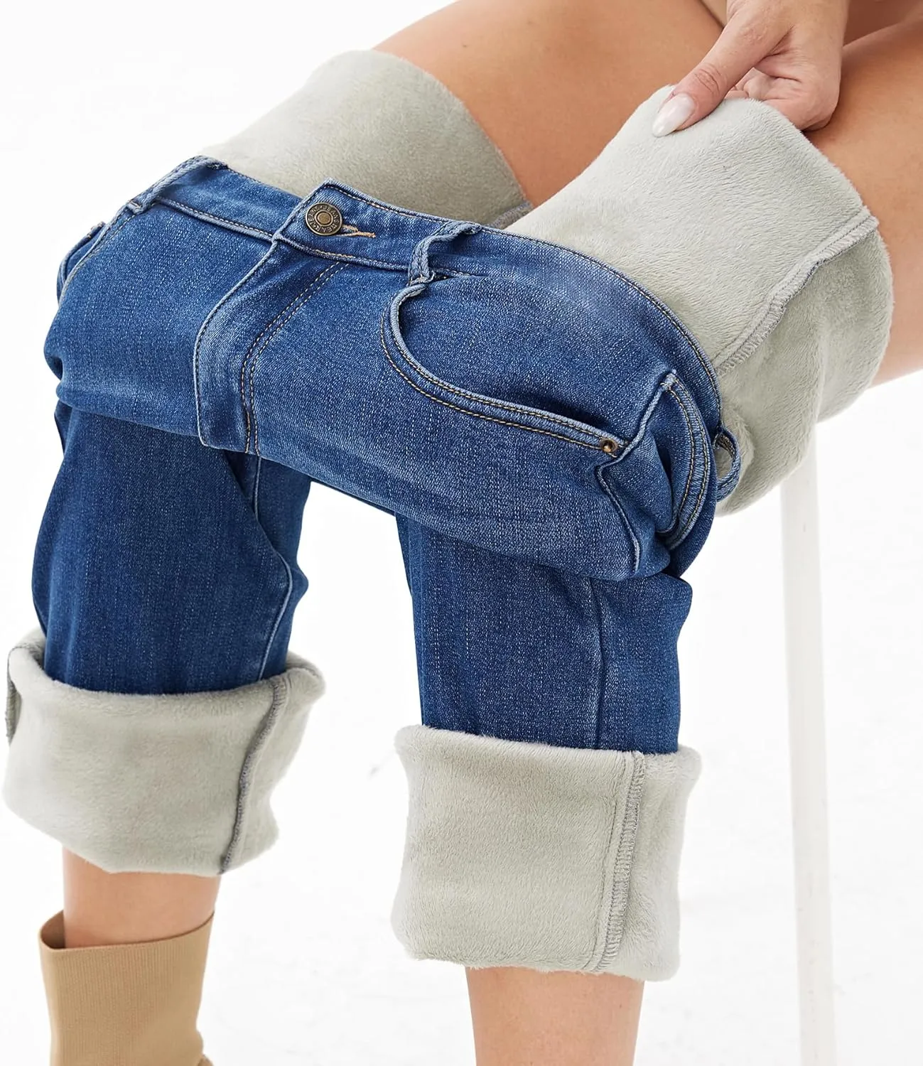 heipeiwa Women's Winter Fleece Lined Thermal Flare Bootcut Jeans High Waist Denim Pants