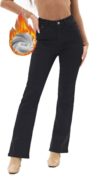 heipeiwa Women's Winter Fleece Lined Thermal Flare Bootcut Jeans High Waist Denim Pants