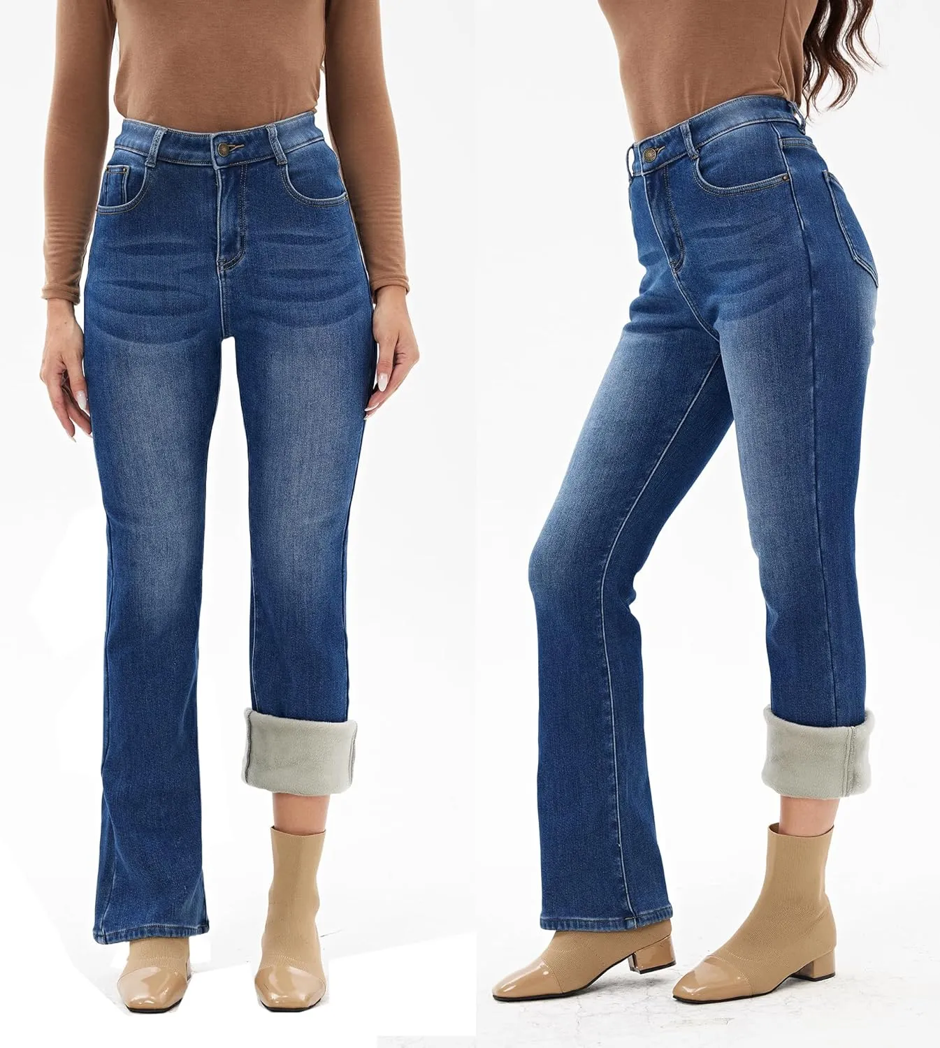 heipeiwa Women's Winter Fleece Lined Thermal Flare Bootcut Jeans High Waist Denim Pants
