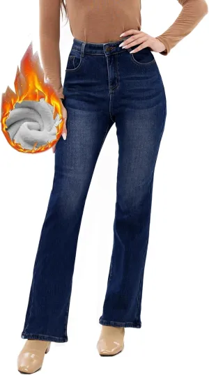 heipeiwa Women's Winter Fleece Lined Thermal Flare Bootcut Jeans High Waist Denim Pants