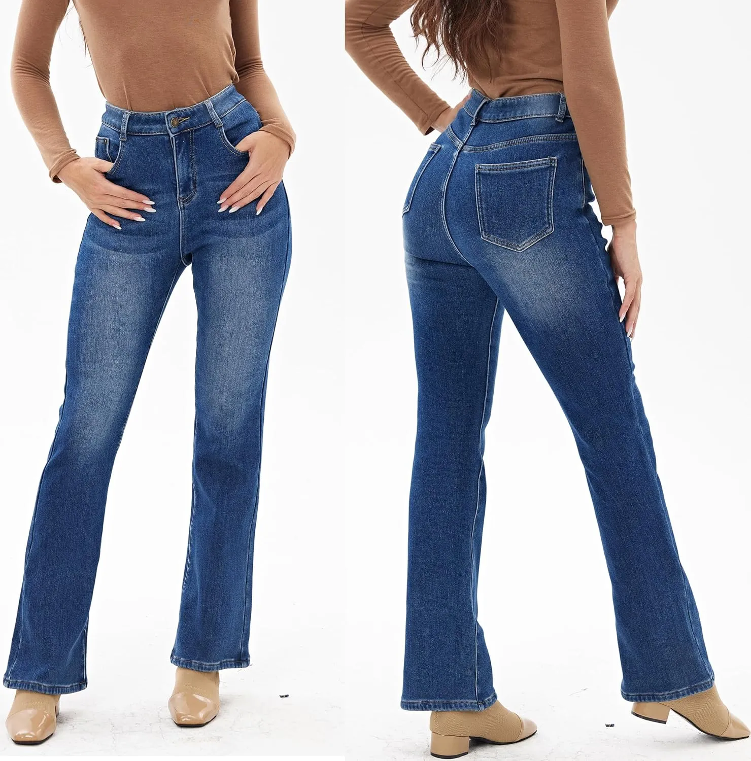 heipeiwa Women's Winter Fleece Lined Thermal Flare Bootcut Jeans High Waist Denim Pants