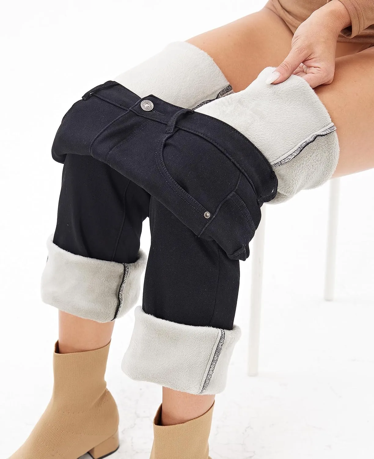 heipeiwa Women's Winter Fleece Lined Thermal Flare Bootcut Jeans High Waist Denim Pants