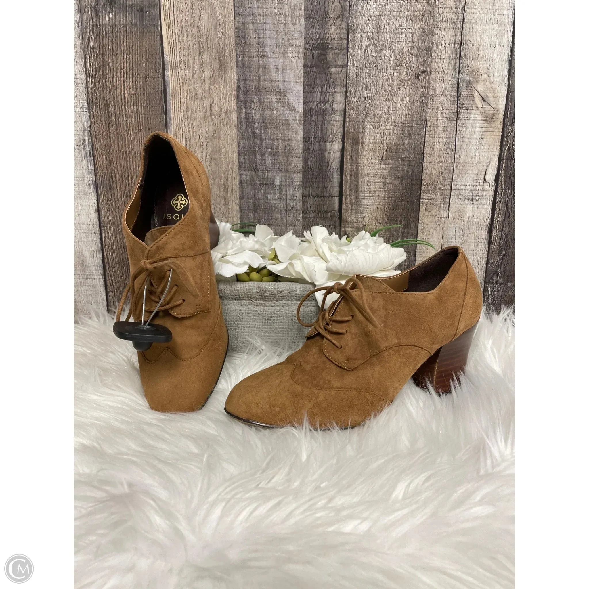 Heel Boots Elastic Strap Shoes Heels Block By Isola In Brown, Size: 6.5