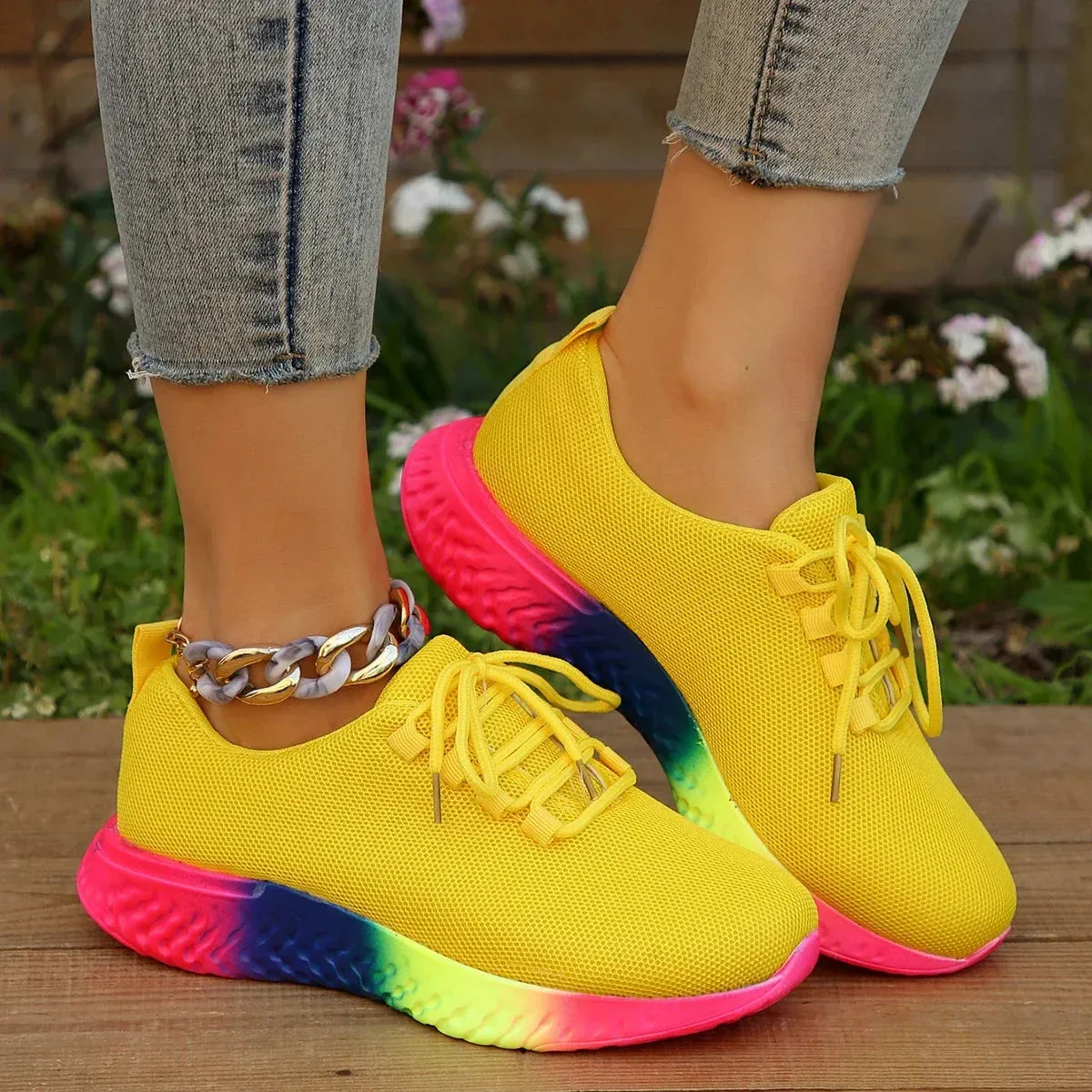 Hnzxzm Spring Women's Mesh Breathable Sneakers Woman Low Top Lace Up Round Toe Rainbow Sole Casual Shoes Female Sport Running Shoes
