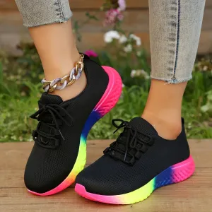 Hnzxzm Spring Women's Mesh Breathable Sneakers Woman Low Top Lace Up Round Toe Rainbow Sole Casual Shoes Female Sport Running Shoes