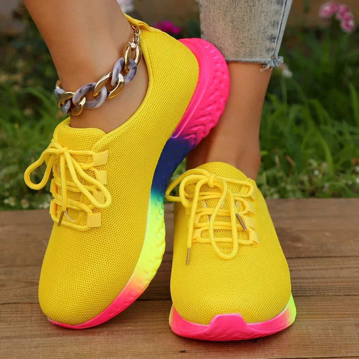 Hnzxzm Spring Women's Mesh Breathable Sneakers Woman Low Top Lace Up Round Toe Rainbow Sole Casual Shoes Female Sport Running Shoes
