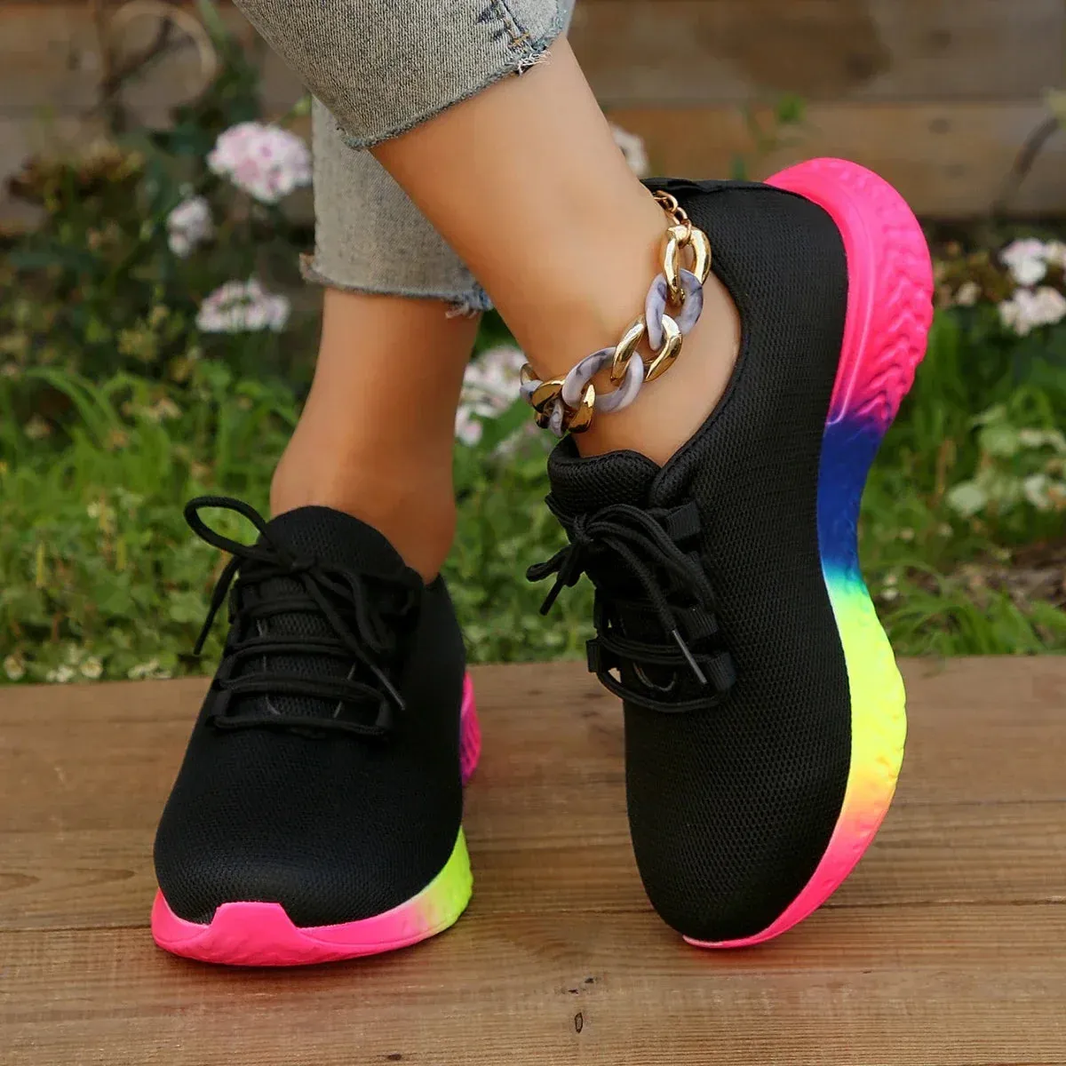 Hnzxzm Spring Women's Mesh Breathable Sneakers Woman Low Top Lace Up Round Toe Rainbow Sole Casual Shoes Female Sport Running Shoes