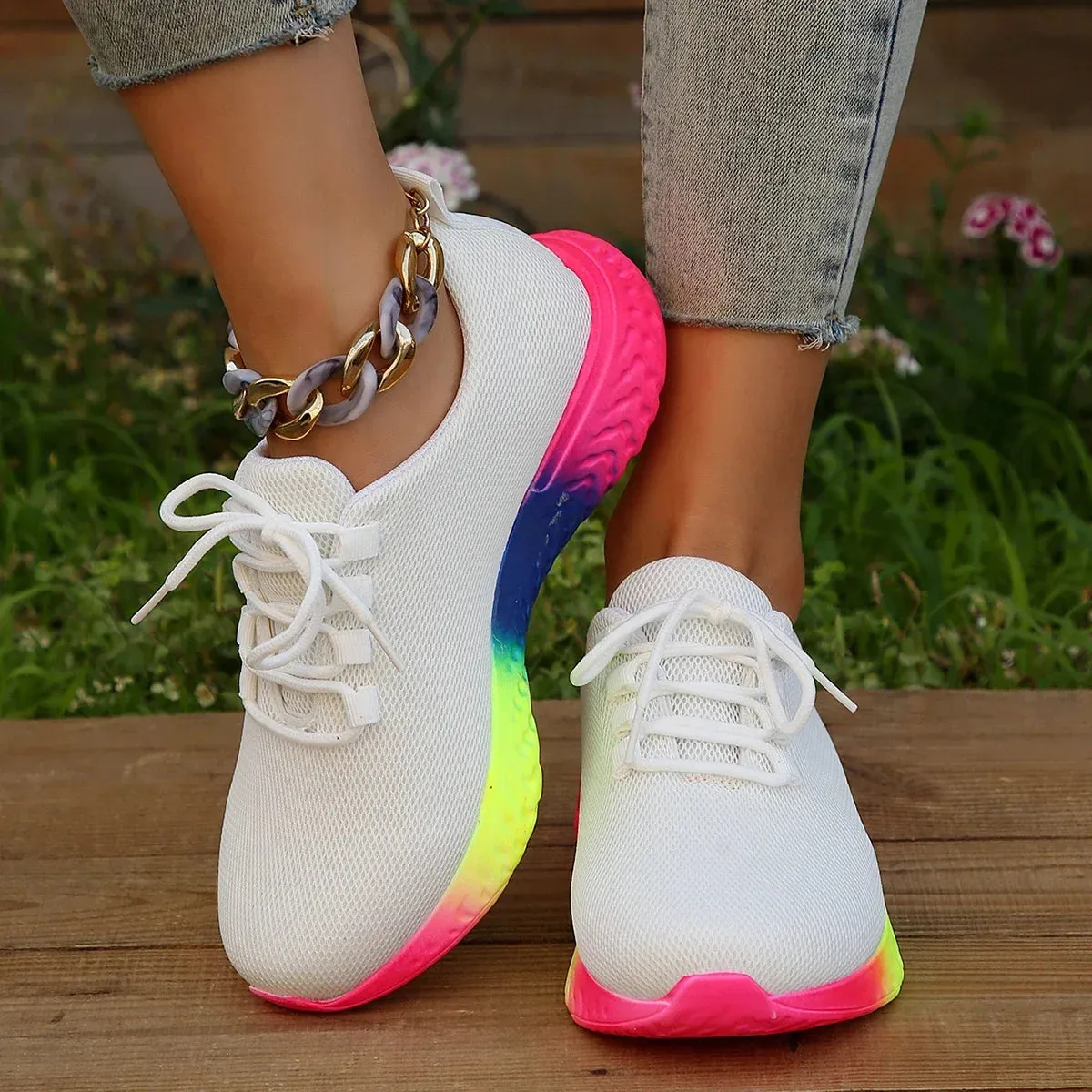 Hnzxzm Spring Women's Mesh Breathable Sneakers Woman Low Top Lace Up Round Toe Rainbow Sole Casual Shoes Female Sport Running Shoes