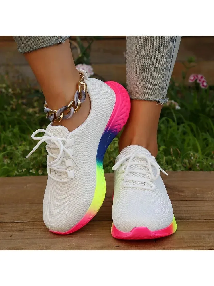 Hnzxzm Spring Women's Mesh Breathable Sneakers Woman Low Top Lace Up Round Toe Rainbow Sole Casual Shoes Female Sport Running Shoes