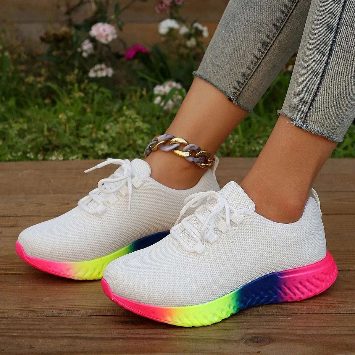 Hnzxzm Spring Women's Mesh Breathable Sneakers Woman Low Top Lace Up Round Toe Rainbow Sole Casual Shoes Female Sport Running Shoes